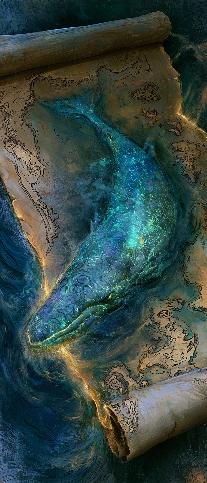 Monstro Marinho Bioluminescente Surgindo de Portal em Mapa Antigo