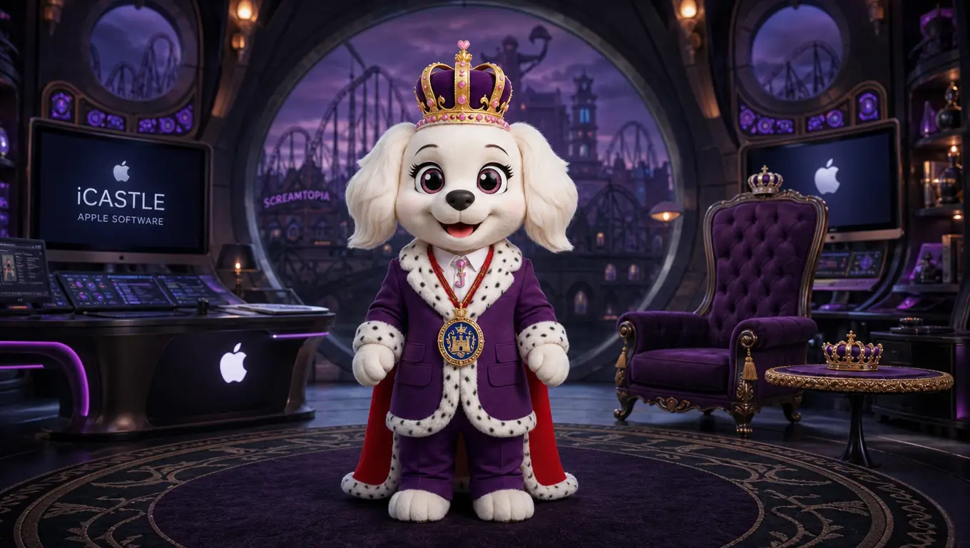 Dog mascot queen wearing regal suit and crown
