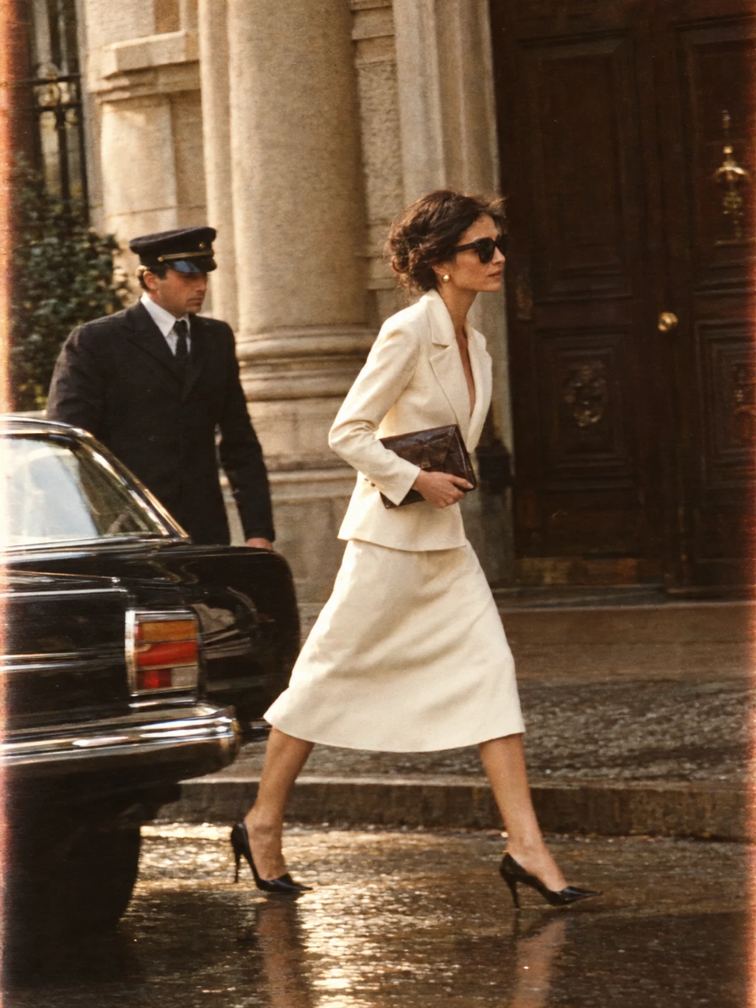 Donna elegante che passa accanto a un’auto d’epoca in una strada di Milano