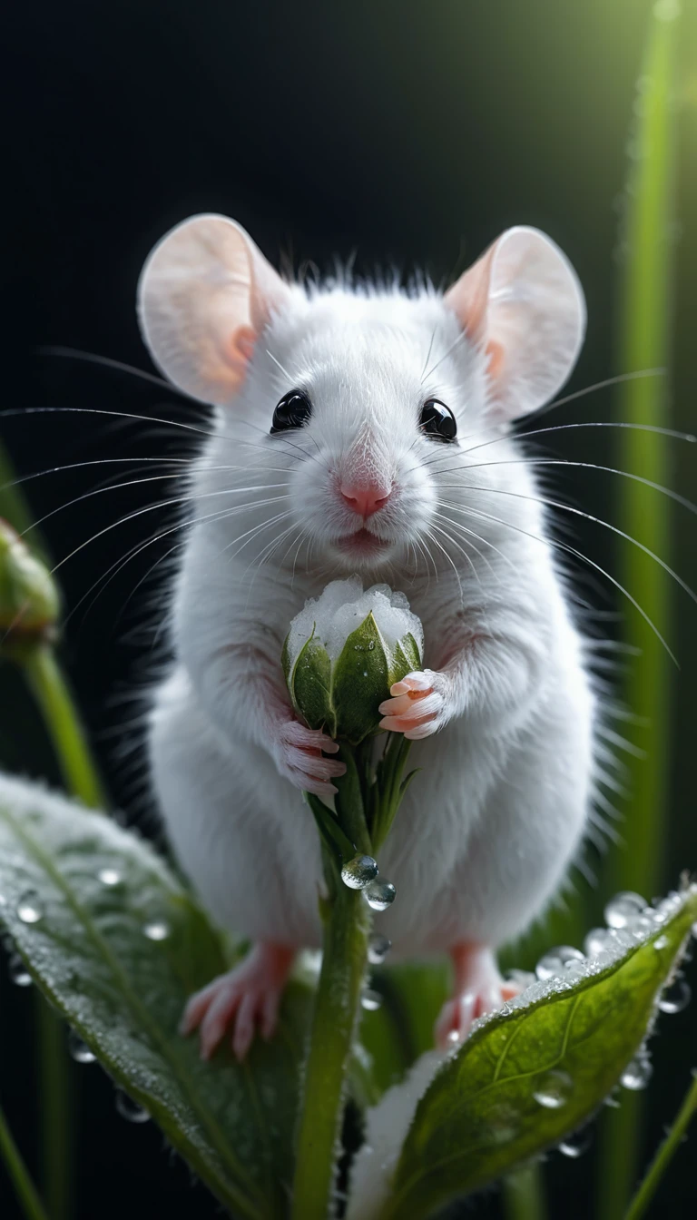 Rato branco descansando em um botão de algodão entre a grama orvalhada