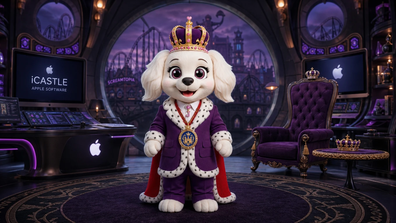 Mascotte de chienne reine en costume royal avec couronne