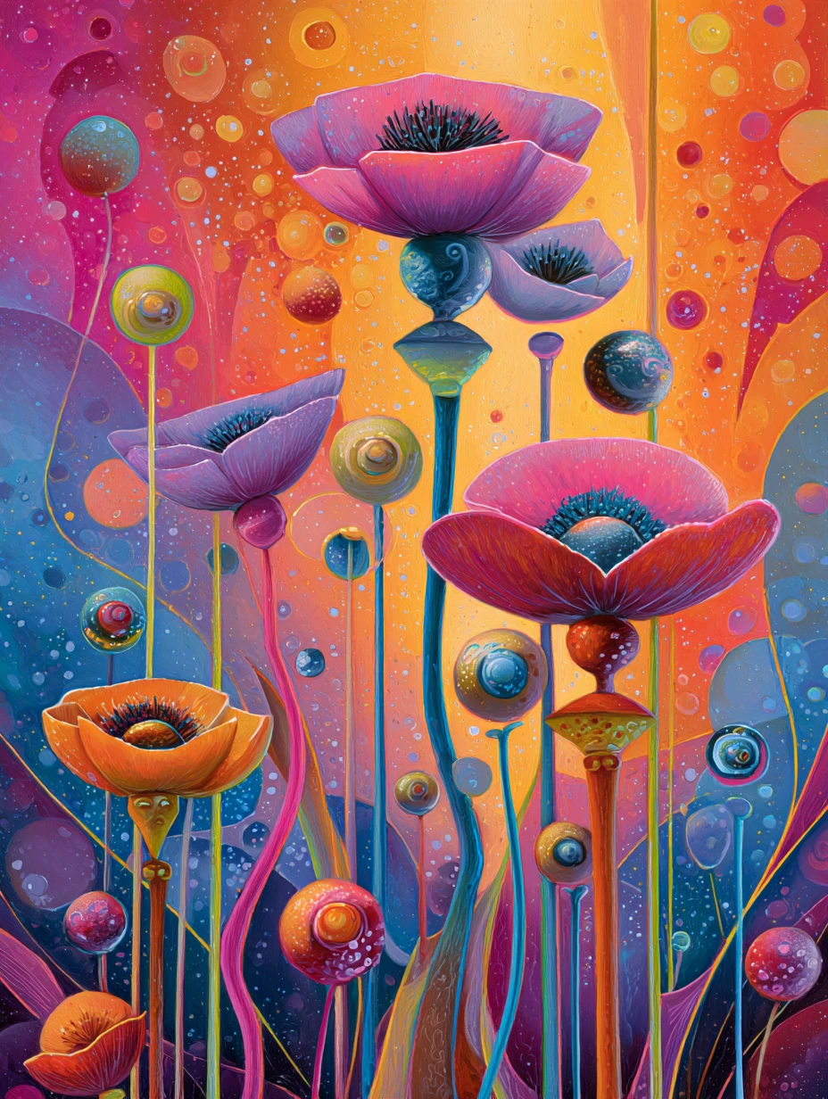 Formas abstratas surreais e coloridas em uma composição alegre