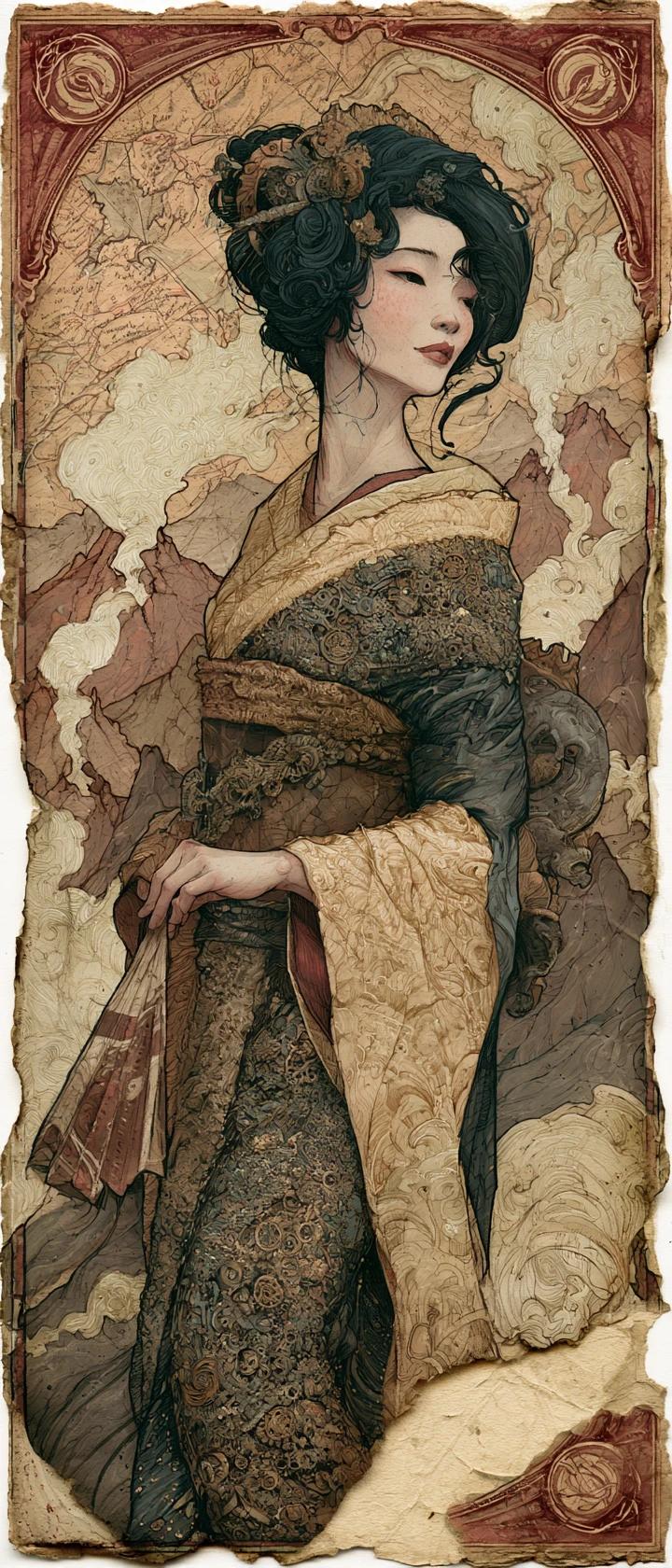 Steampunk-Geisha auf zerrissener Luftschiff-Logbuchseite – Illustration
