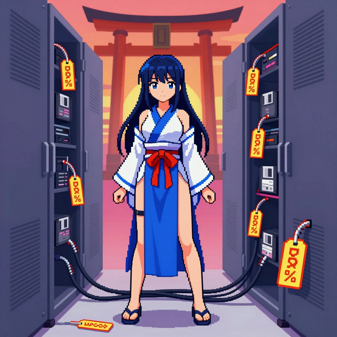 Miko de anime em pixel art em uma sala de servidores futurista