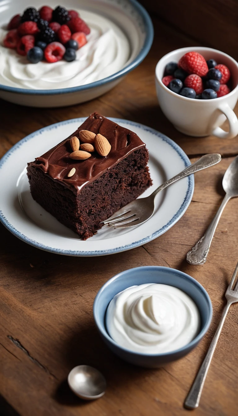 Fatia de bolo de chocolate com iogurte e amêndoas na mesa