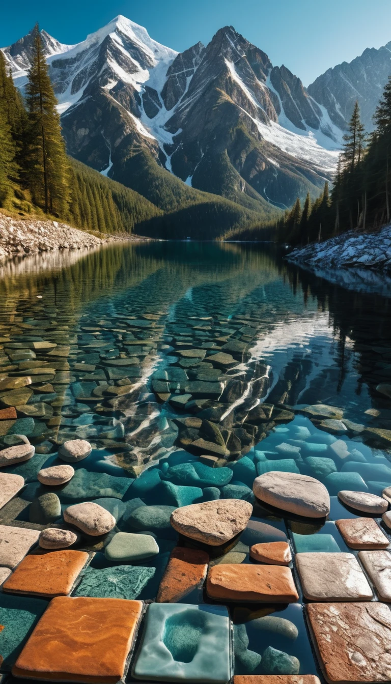 Mosaico de montanhas ao sol sobre um lago glacial cristalino