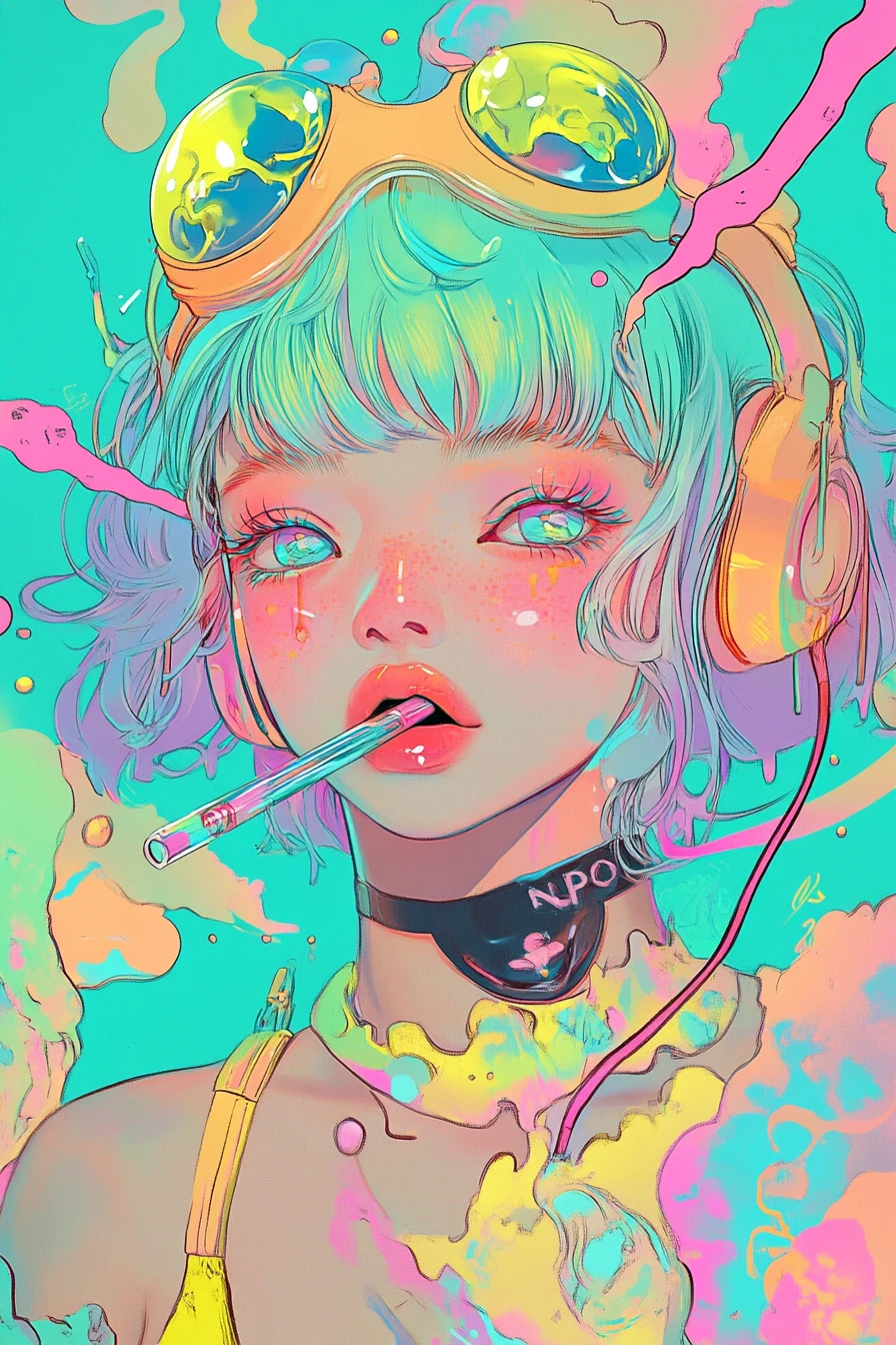 夢幻奇異的動漫插畫，超現實粉彩金屬風格