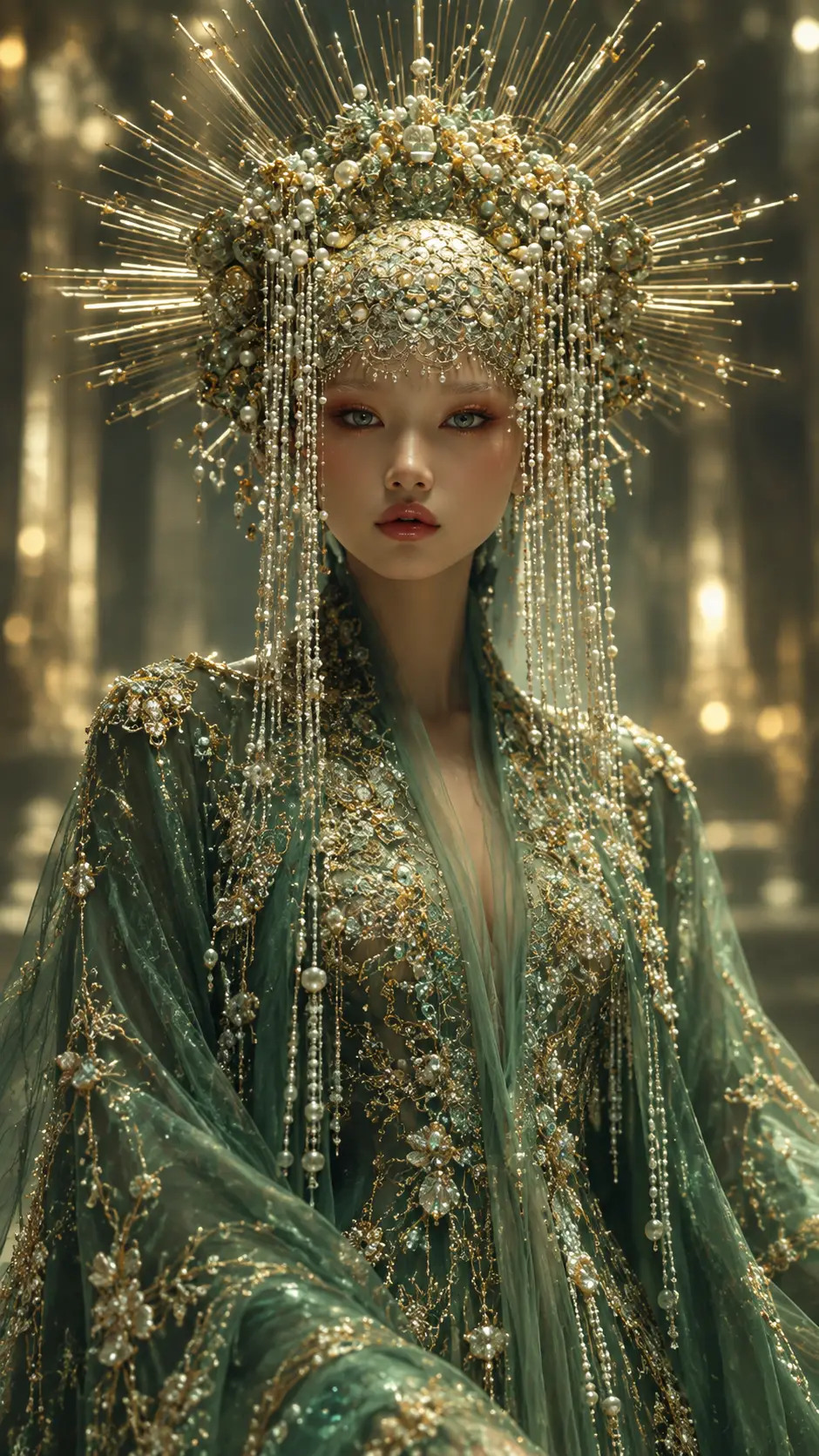Ethereal woman in emerald silk couture with ornate headpiece