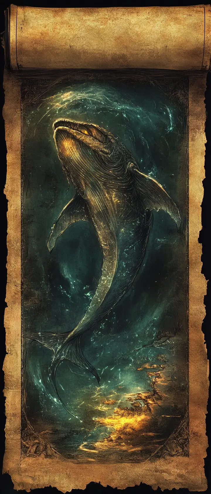 Mostro marino bioluminescente che emerge da una mappa antica