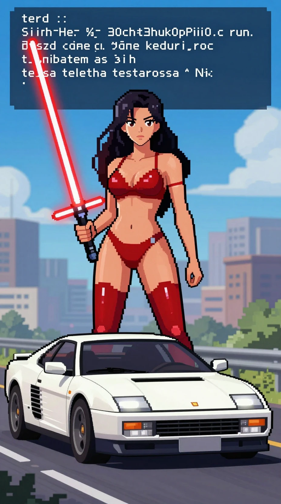 Mulher de anime em pixel art empunhando um sabre de luz vermelho à luz do dia