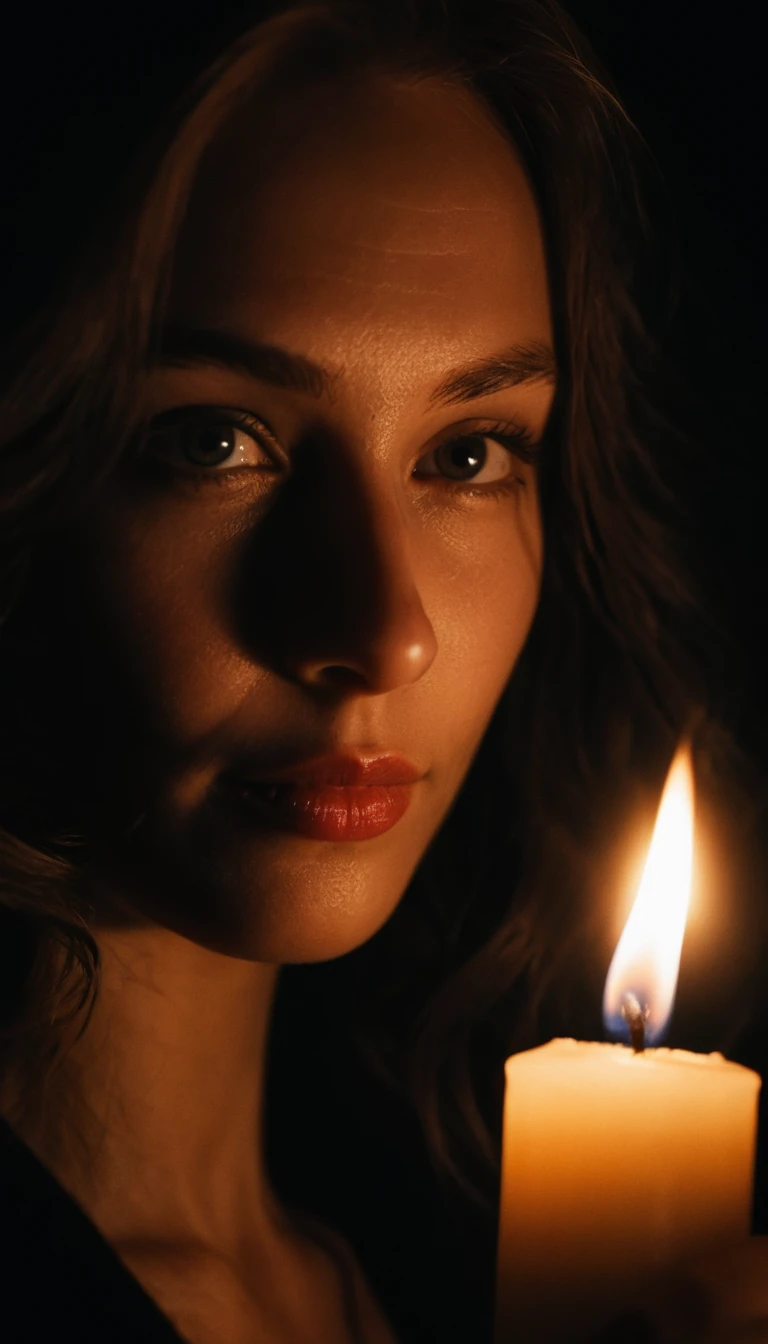 Close-up sensual de mulher com vela em sombras dramáticas