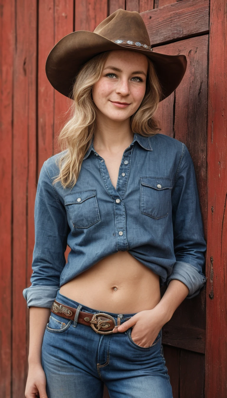 Jovem cowgirl de chapéu em frente a celeiro vermelho