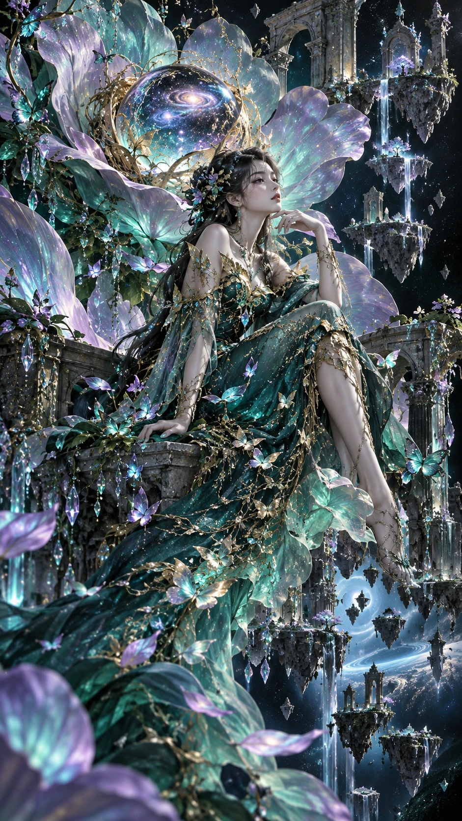 Majestätische Frau in einem surrealen dimensionalen Garten