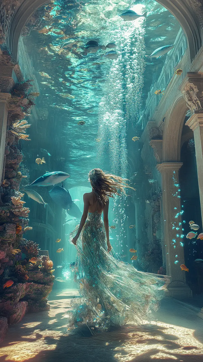 Mystische Frau, die durch einen gewaltigen unter Wasser liegenden Kristallpalast schreitet