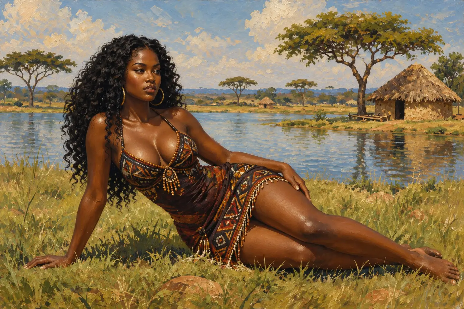 Woman in tribal dress lying by a calm savannah lake