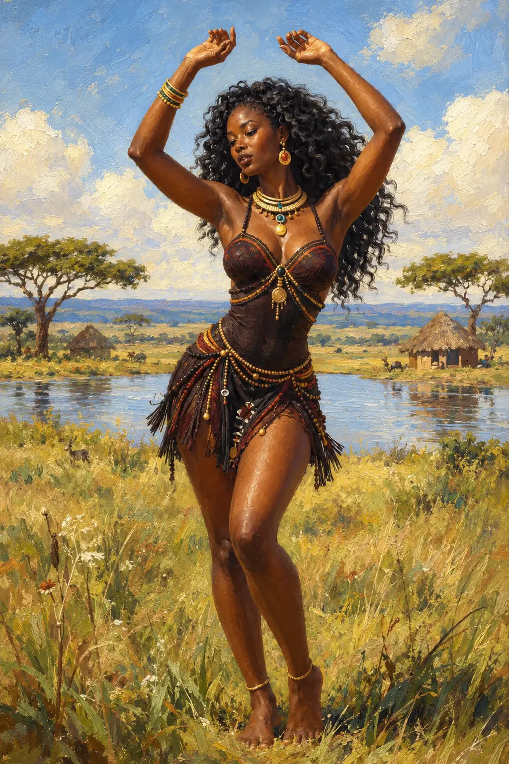 Dancing woman in tribal dress by a calm savannah lake