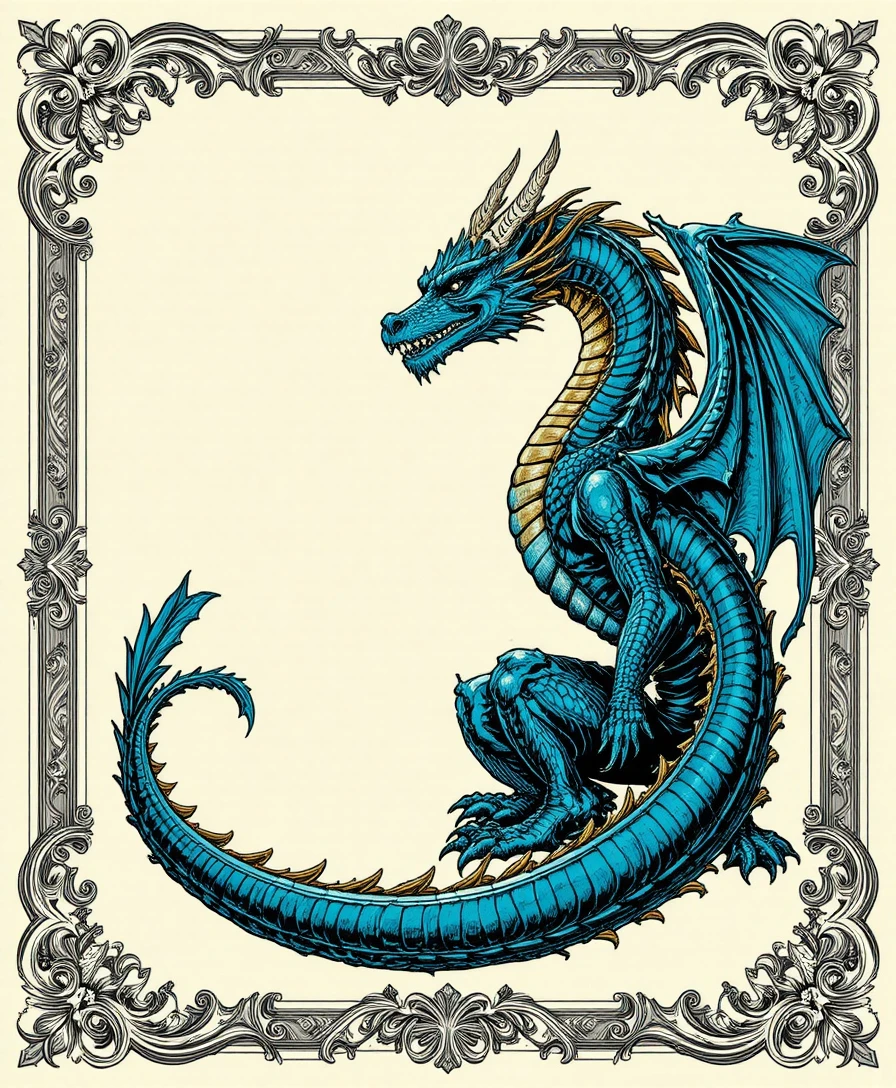 Moldura de certificado ornamentada com dragão heráldico em verde-azulado