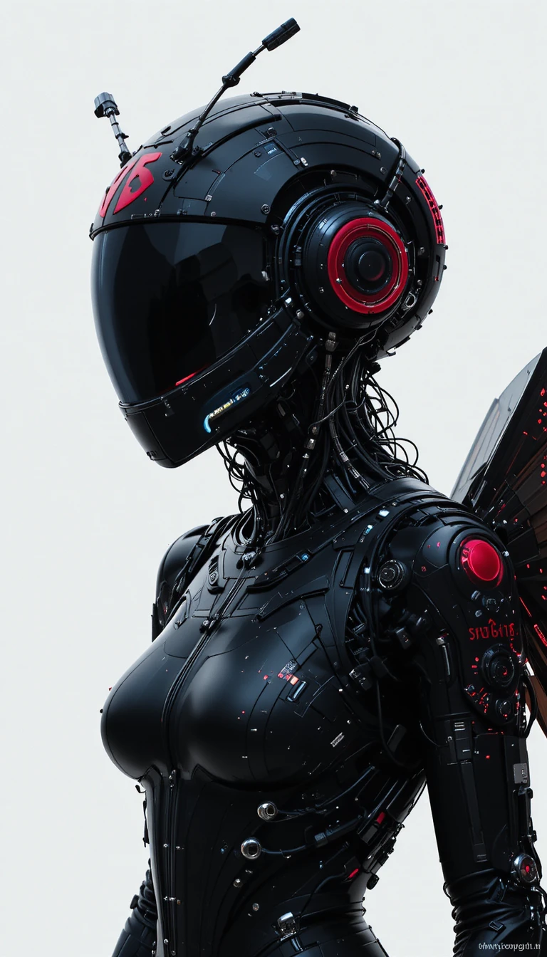 Silhueta de capacete futurista de joaninha mecânica alada com rótulo