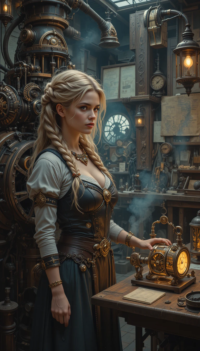 Mulher nórdica ao lado de um imenso motor steampunk