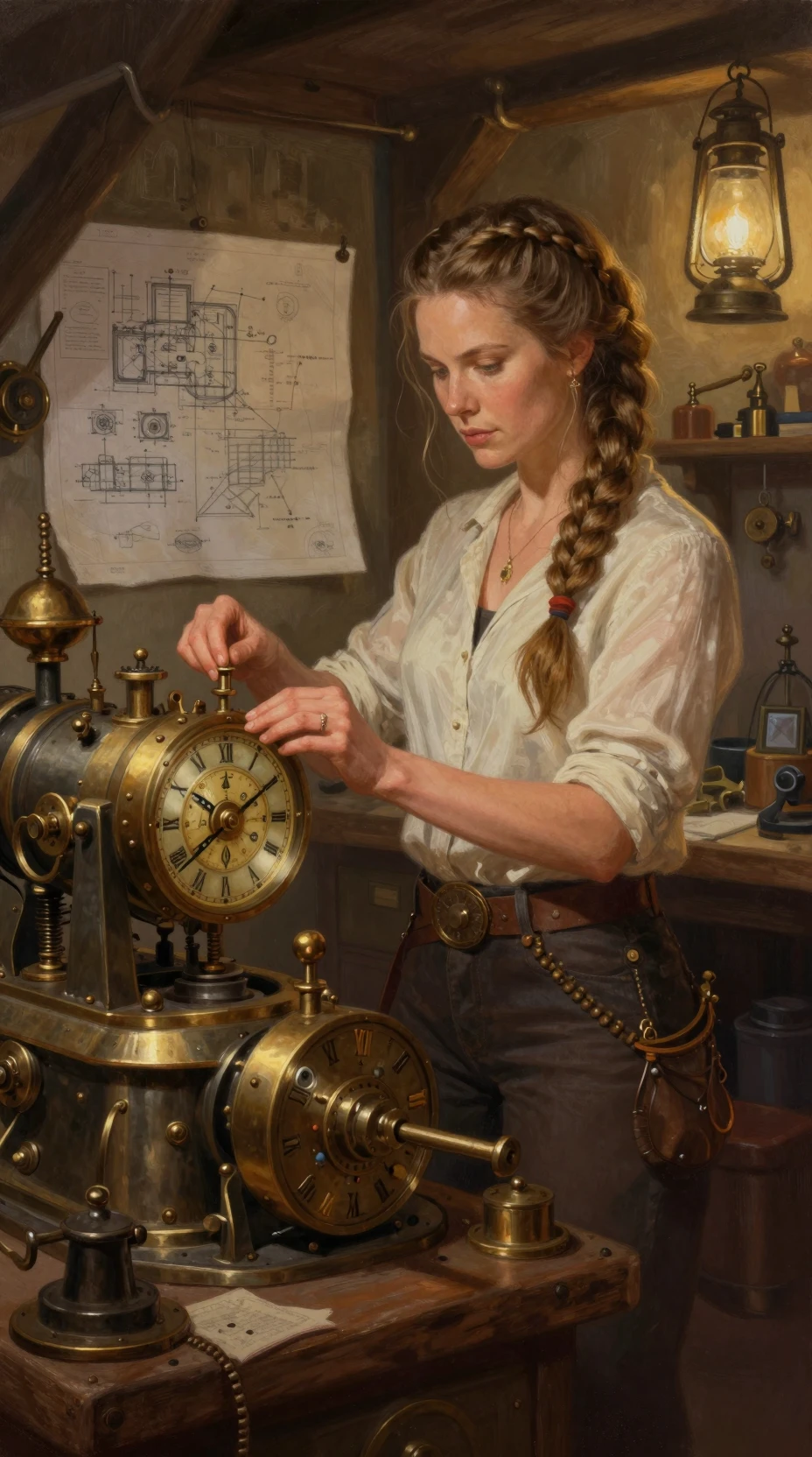 Selbstbewusste nordische Erfinderin neben einer monumentalen Steampunk-Maschine