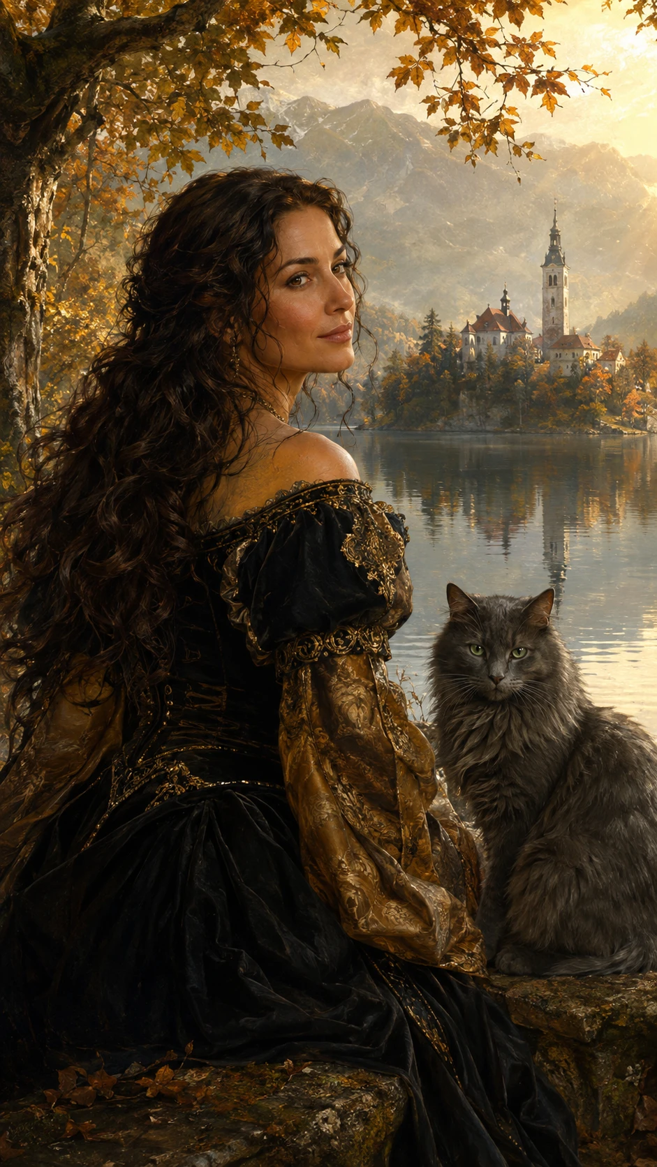 Elegante mulher espanhola à beira de um sereno lago de outono