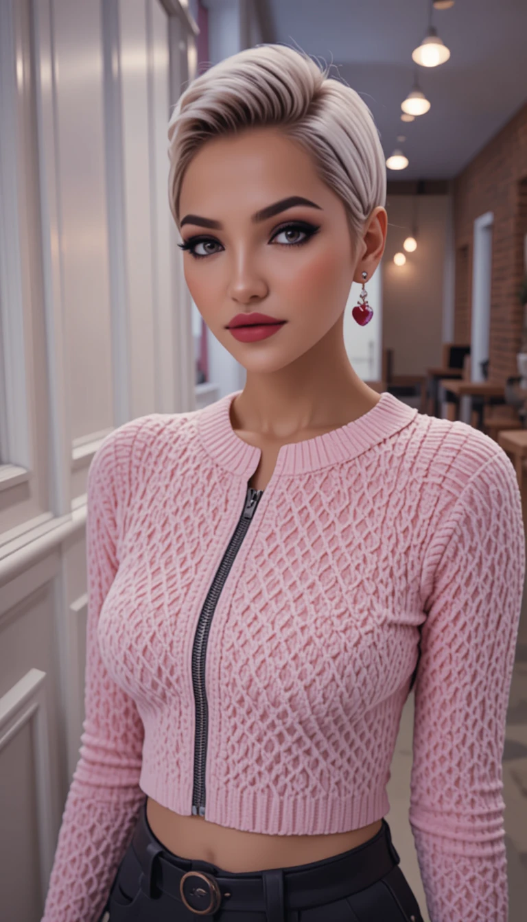 Retrato indoor de mulher confiante com suéter de tricô rosa