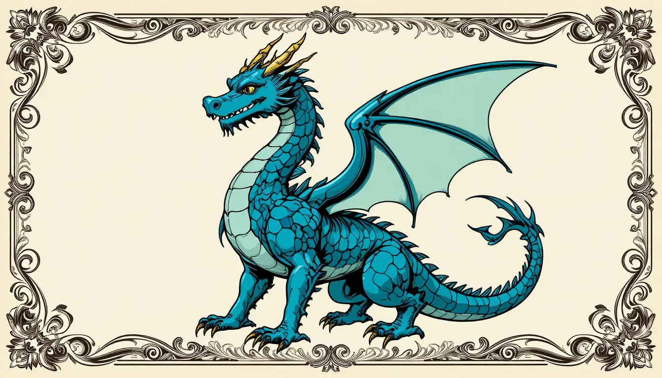 Aufwendig gestalteter Zertifikatsrahmen mit türkisfarbenem Drachen und Akanthus-Ornamenten