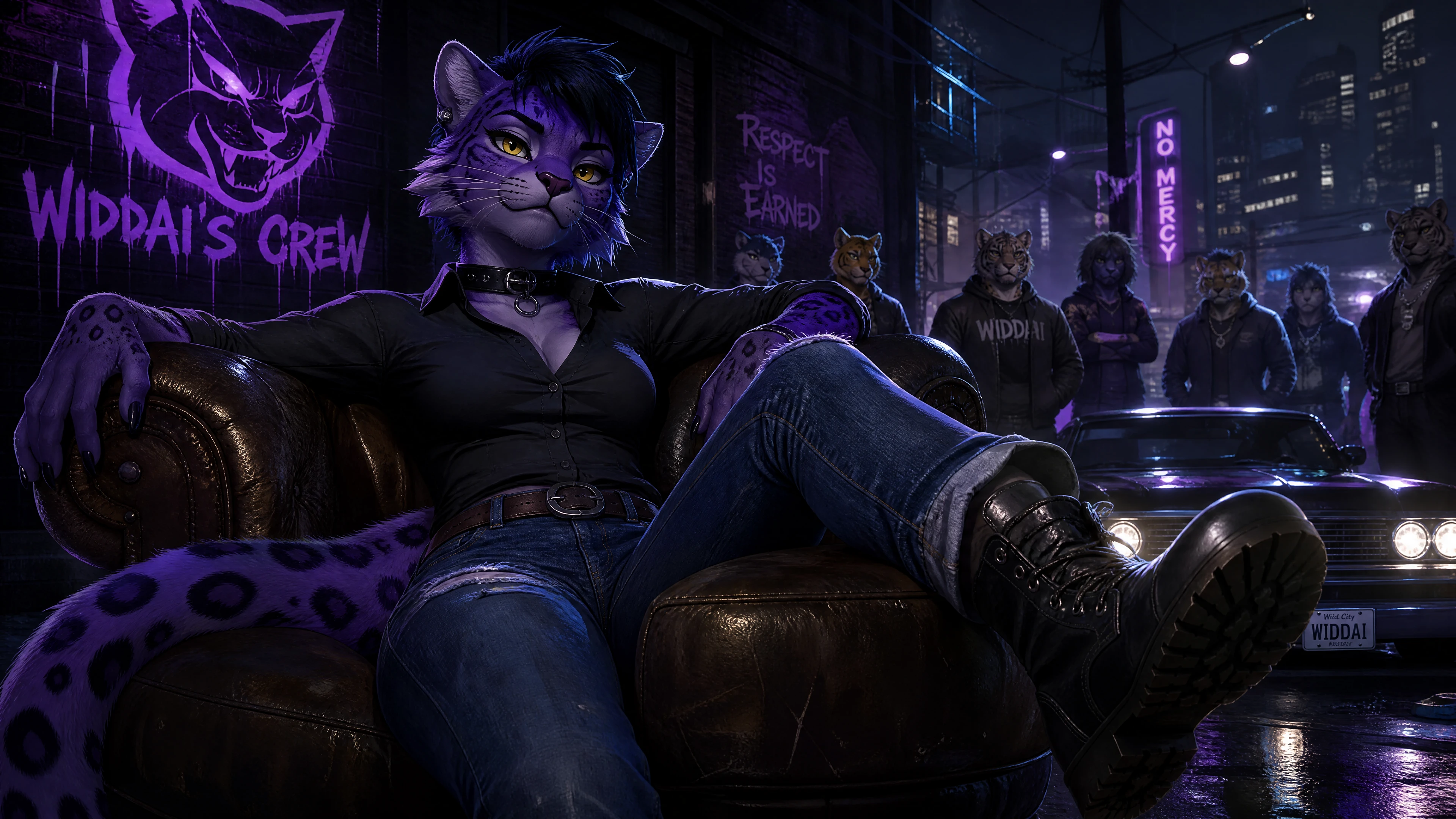 Garota antro de ocelote roxa confiante em visual tomboy casual