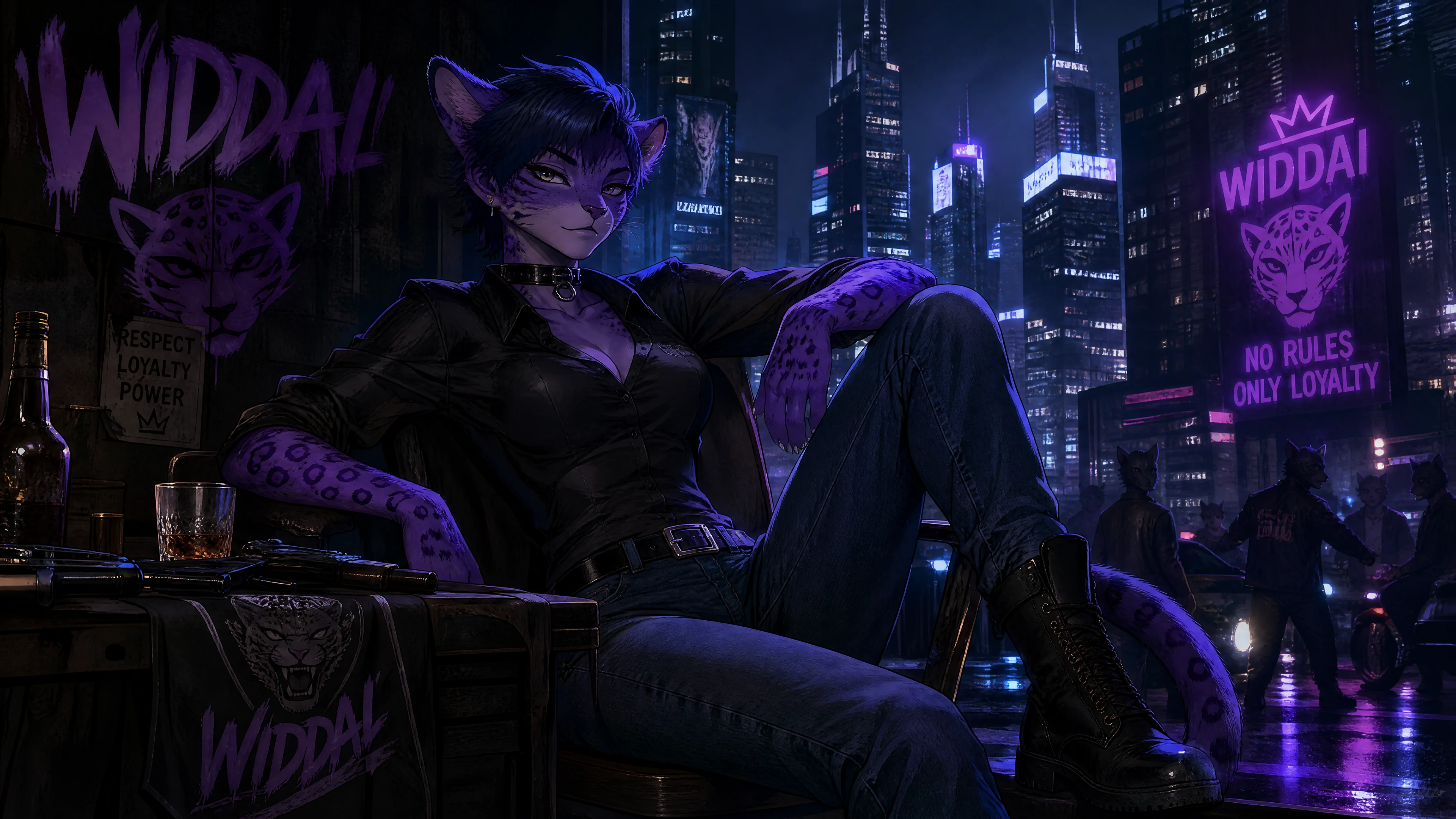 Garota ocelote antropomórfica roxa confiante em streetwear casual