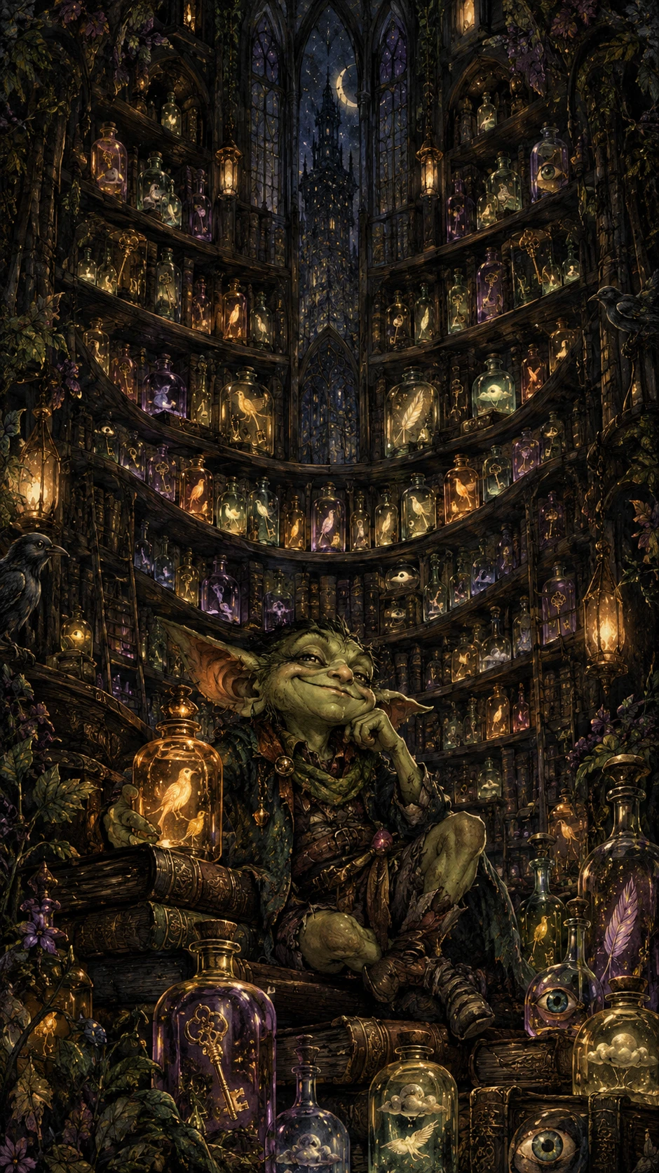 Goblin Cercado por Segredos Engarrafados em Biblioteca Antiga