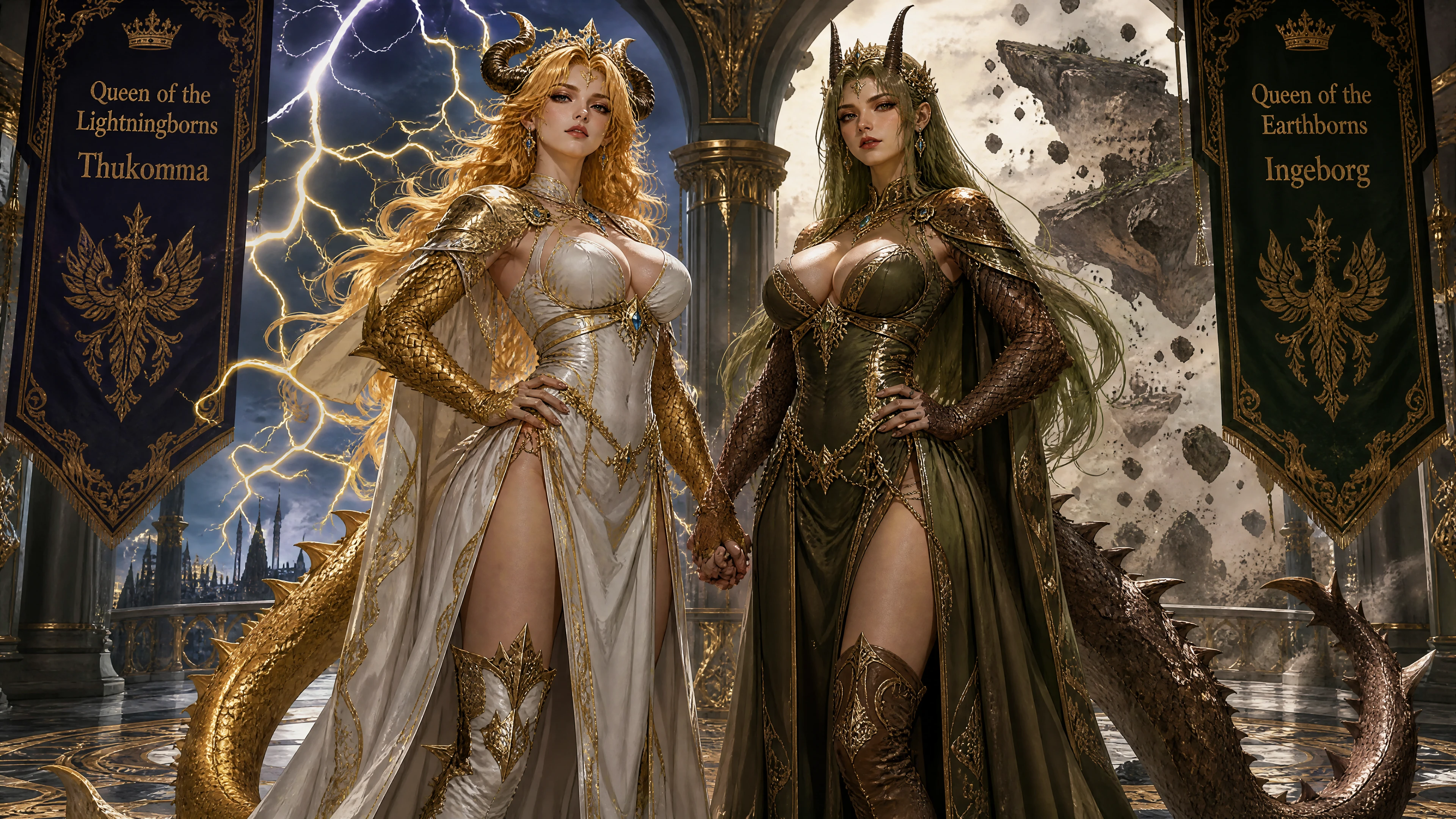 Regina del fulmine con corna, scaglie e coda di drago