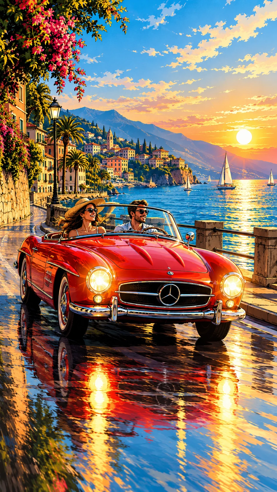Carro vermelho vintage dirigindo à beira-mar ensolarada