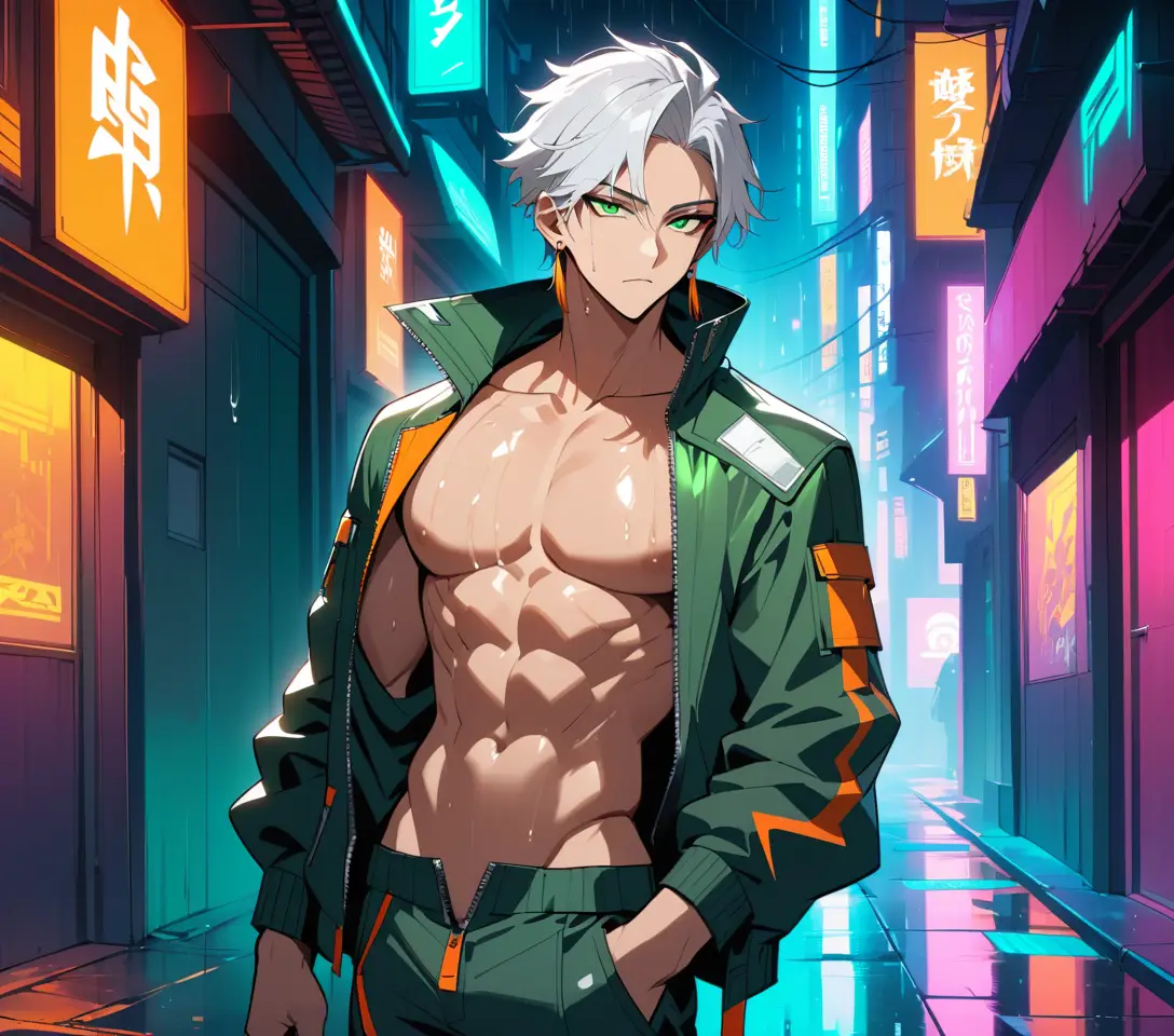 Weißhaariger Anime-Mann in einer neonbeleuchteten Cyberpunk-Gasse