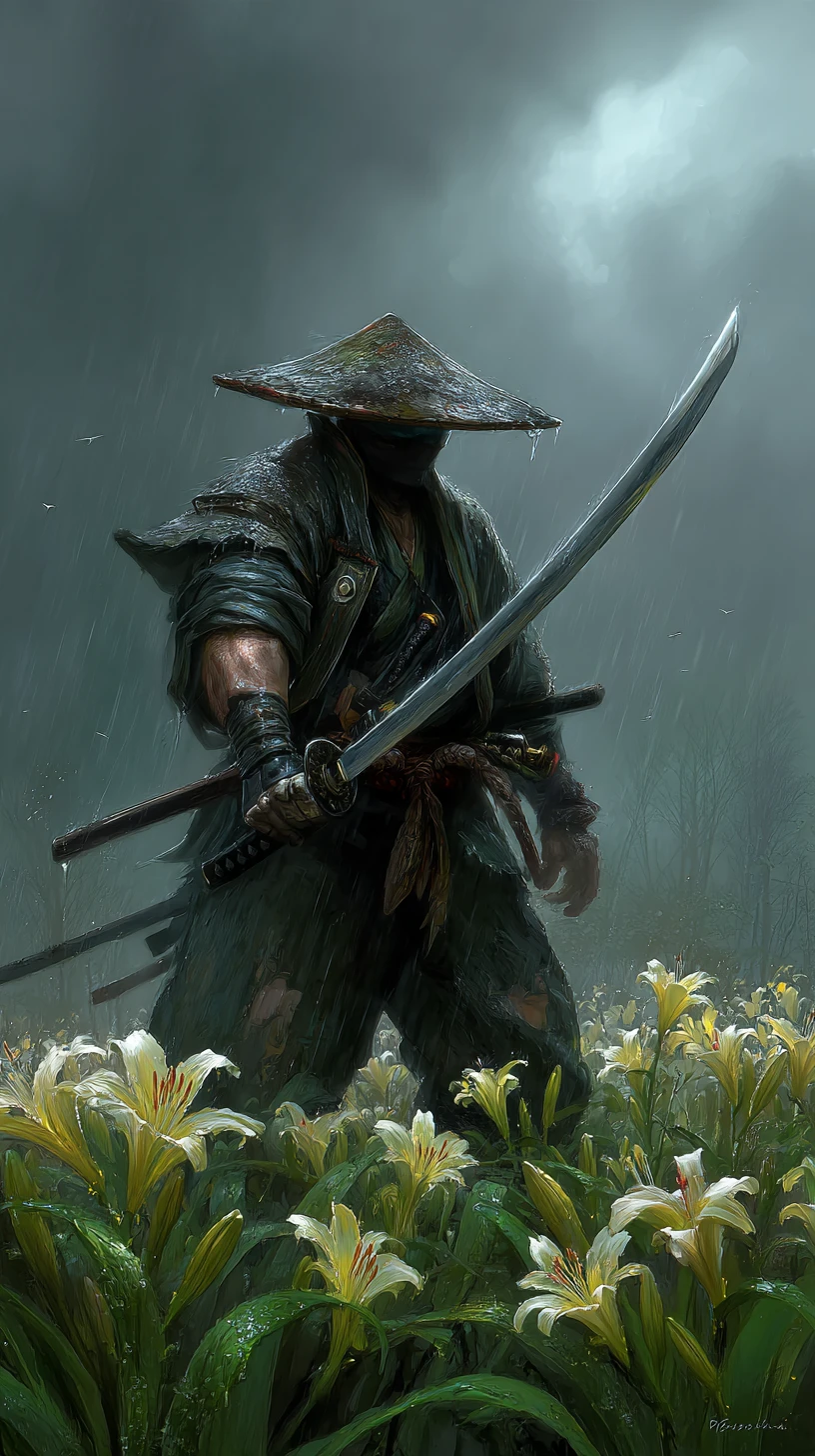 Ronin au chapeau de paille avec odachi dans un champ de lys sous la pluie