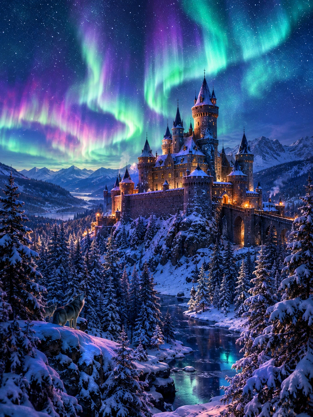 Castelo Medieval na Neve sob Céu Noturno Iluminado pela Aurora