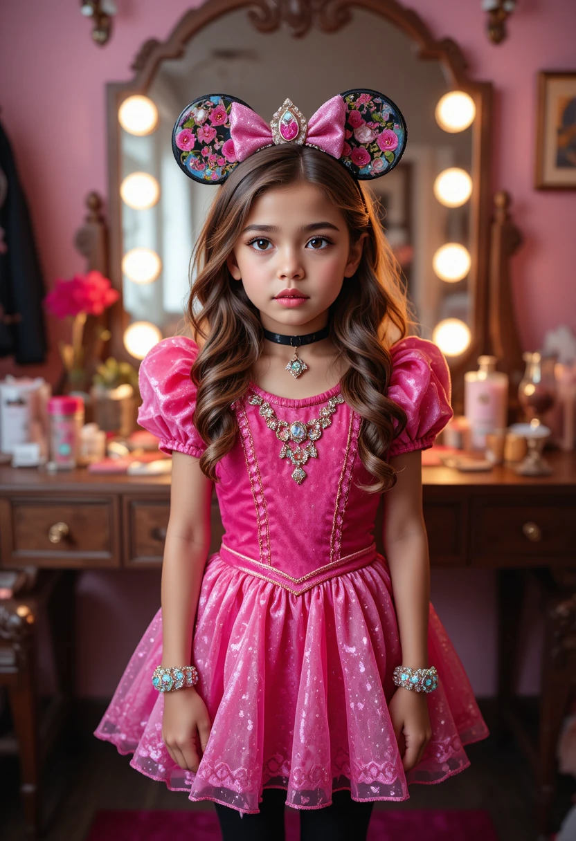 Hispanischer Junge im Tweeneralter im Minnie-Prinzessinnenkostüm vor einem Schminktisch