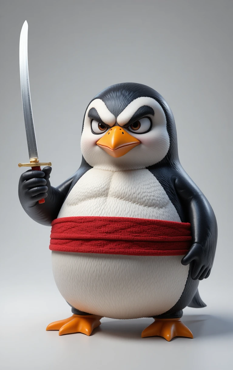 Pinguim guerreiro de desenho animado furioso com katana em fundo branco