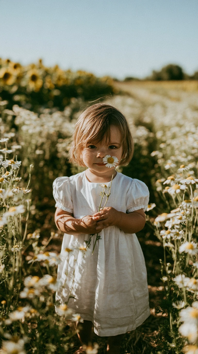 Menininha de vestido branco em um campo florido ensolarado