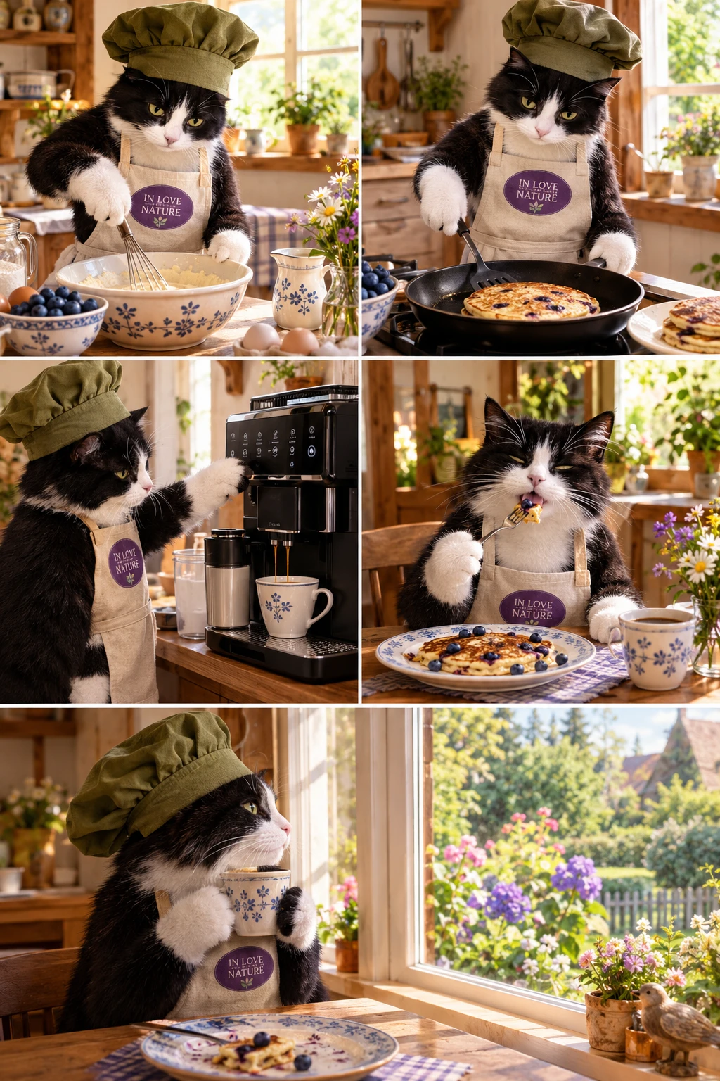 Schwarz-weiße Katzenköchin backt Blaubeerpfannkuchen