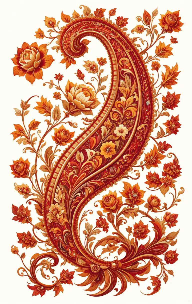 Reiches rotes und goldenes Paisley-Textilmuster auf Weiß