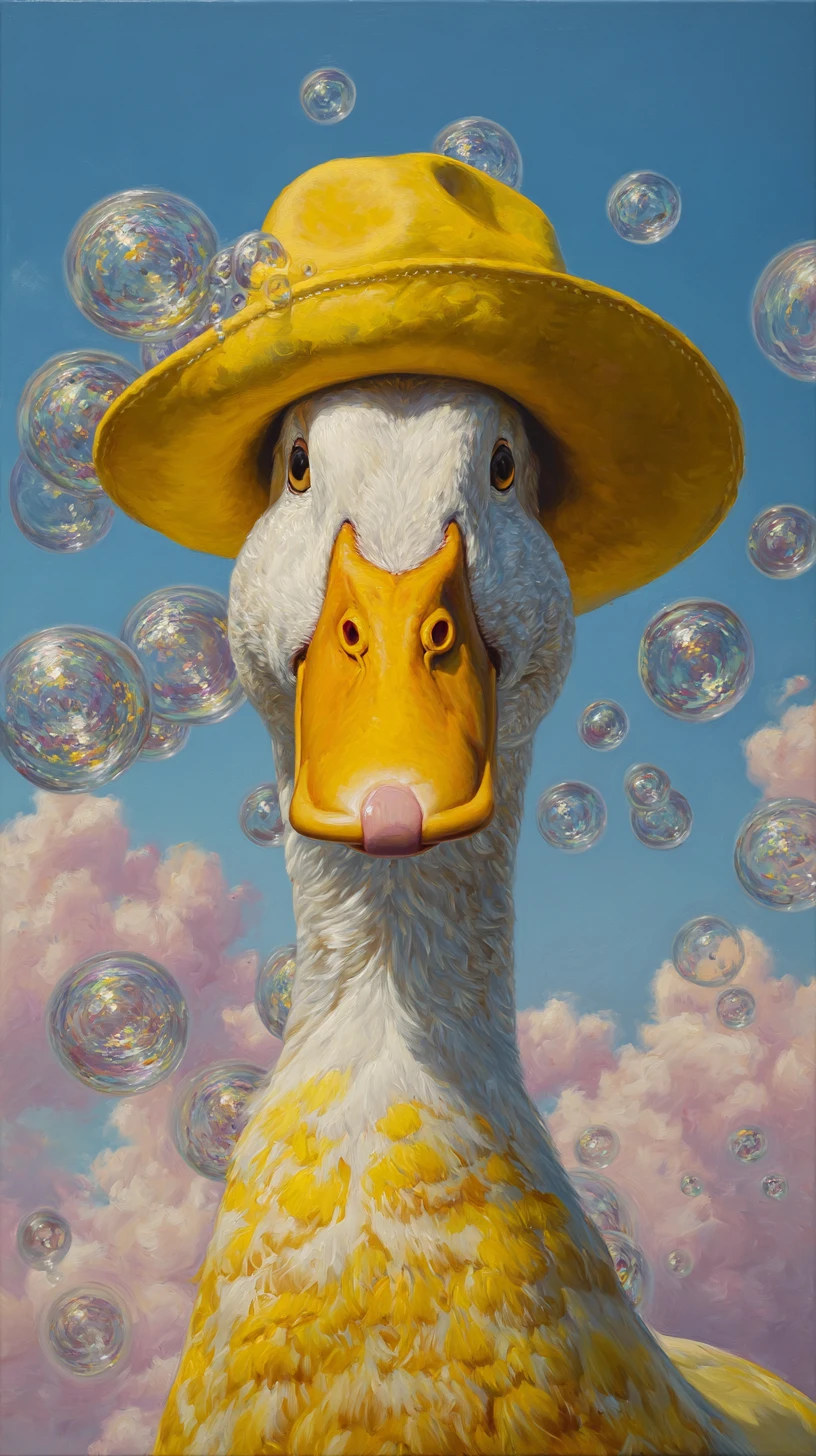 Pato fantasioso com chapéu amarelo sob um céu azul‑celeste