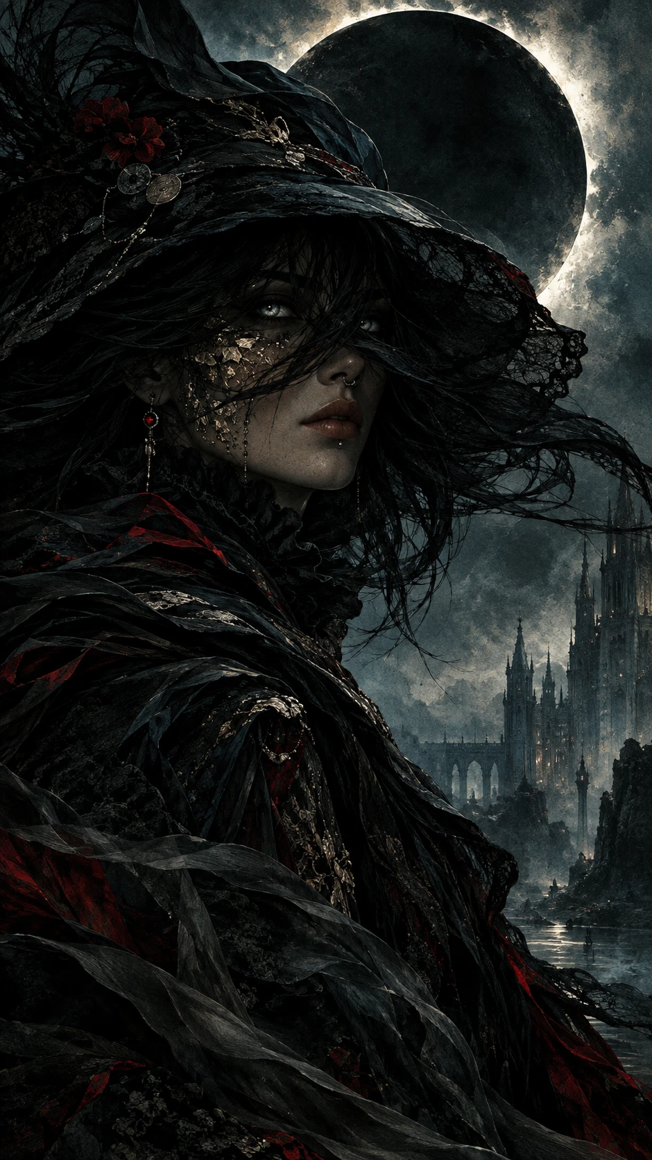 Femme mystérieuse sous une lune éclipsée dans une brume gothique