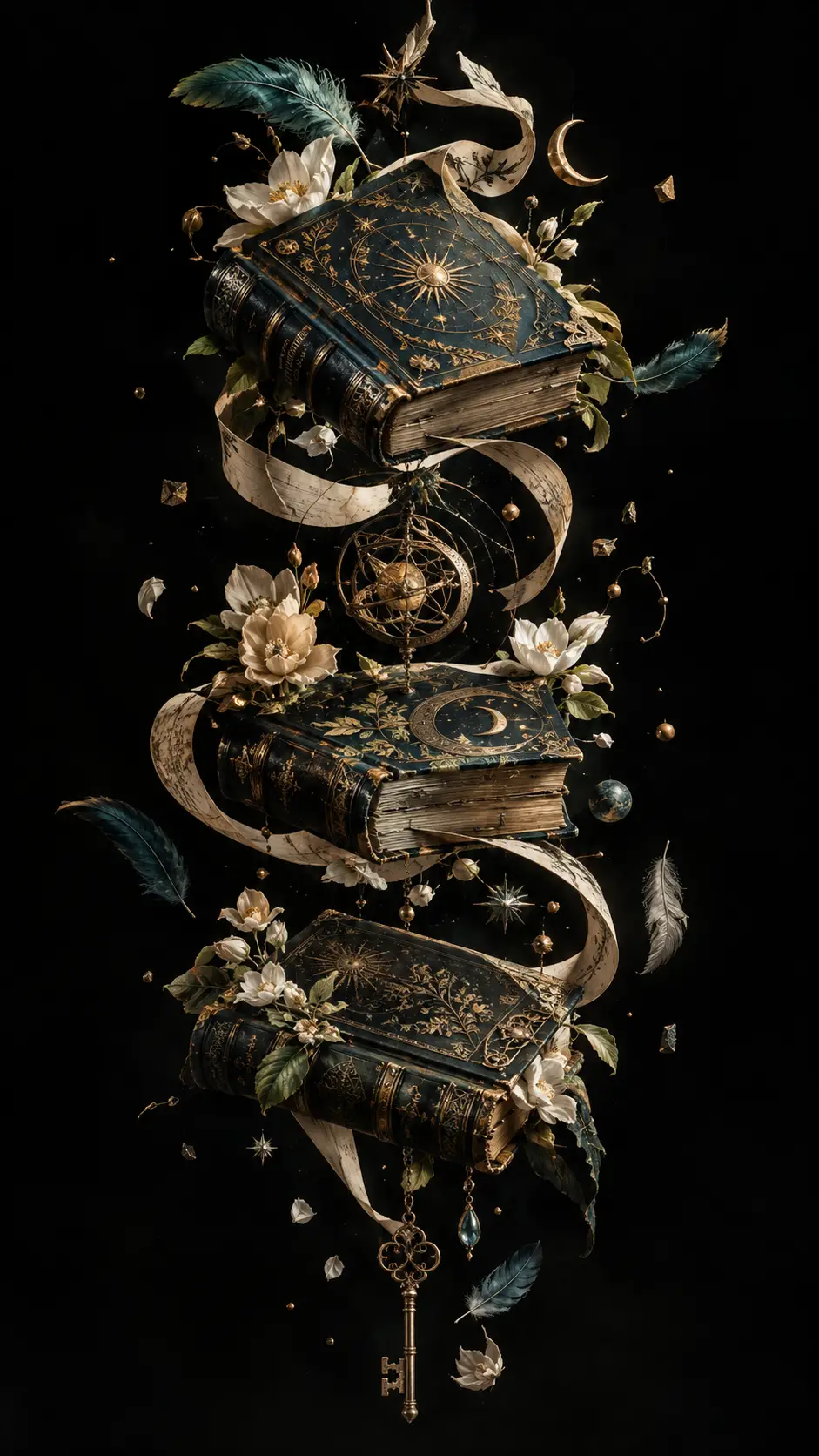 漂浮的古董書本纏繞著花朵與符號
