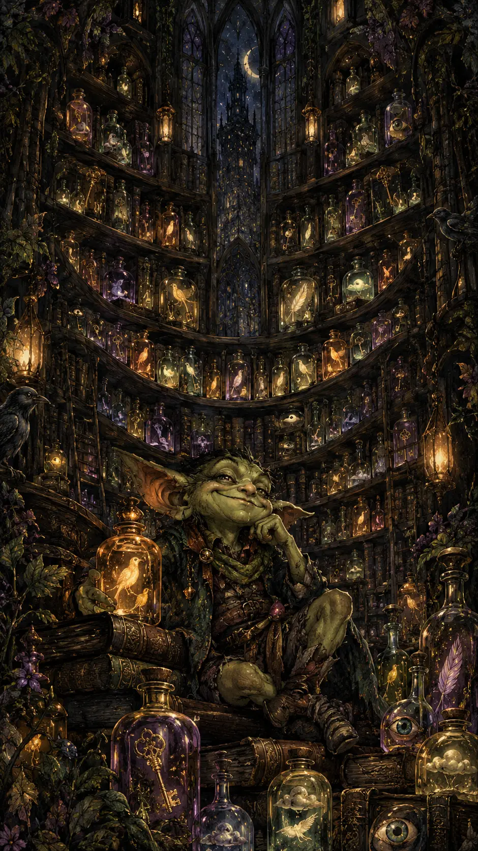 Goblin Cercado por Segredos Engarrafados em Biblioteca Antiga