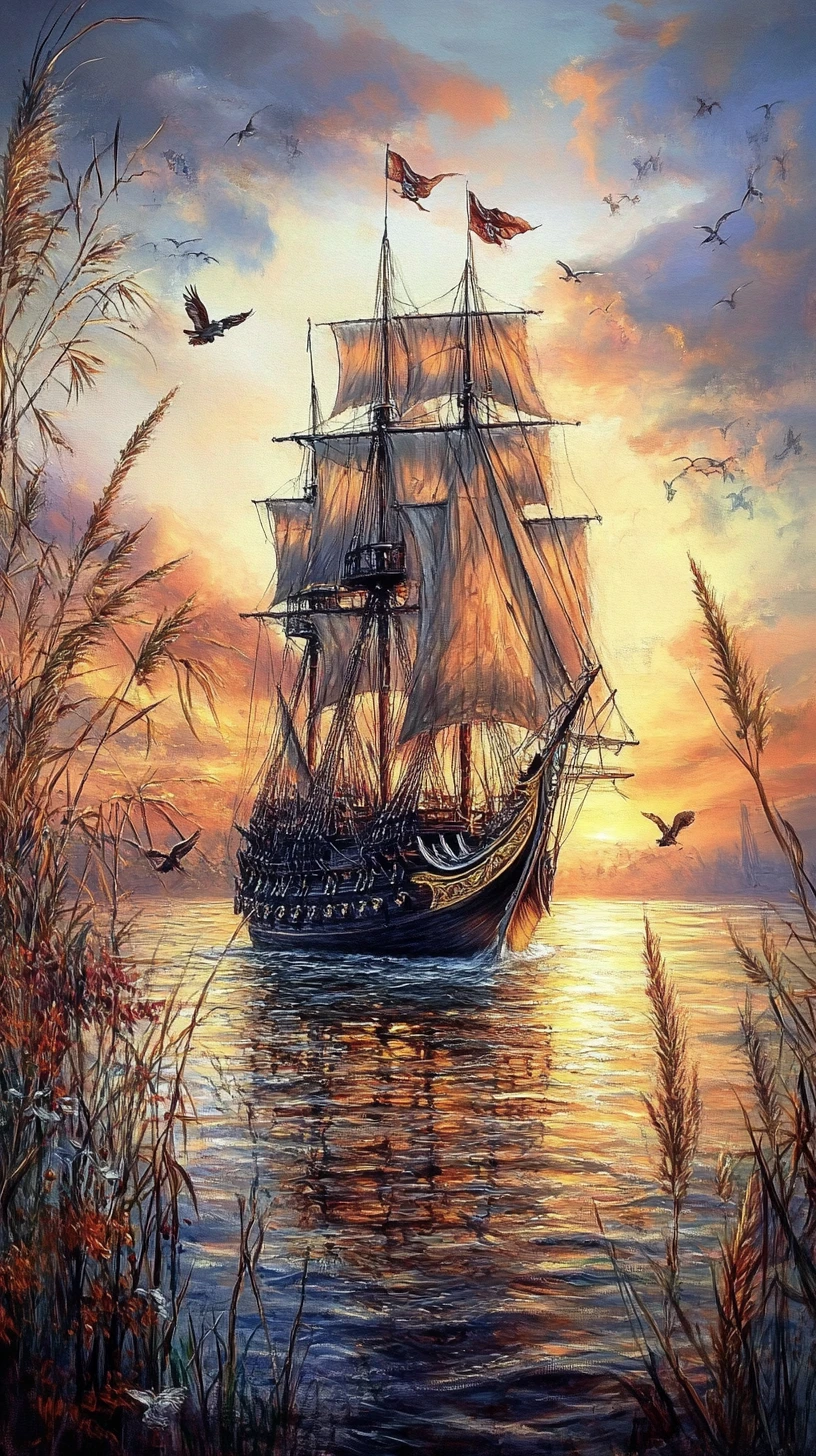 Romântica pintura a óleo de um navio pirata no mar