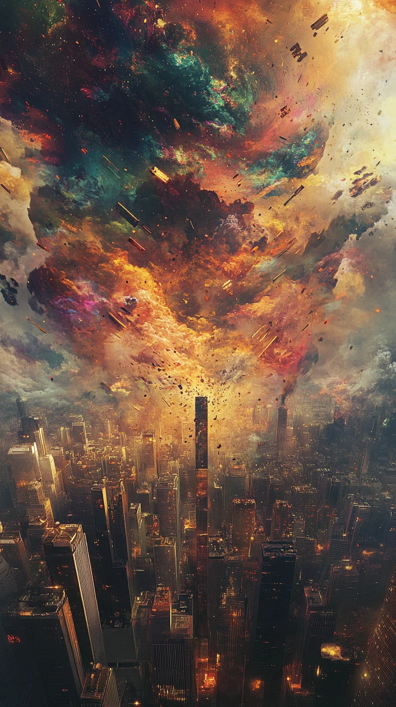 Surrealer Wirbel aus wirbelnden Farben verschlingt eine fragile Stadtlandschaft