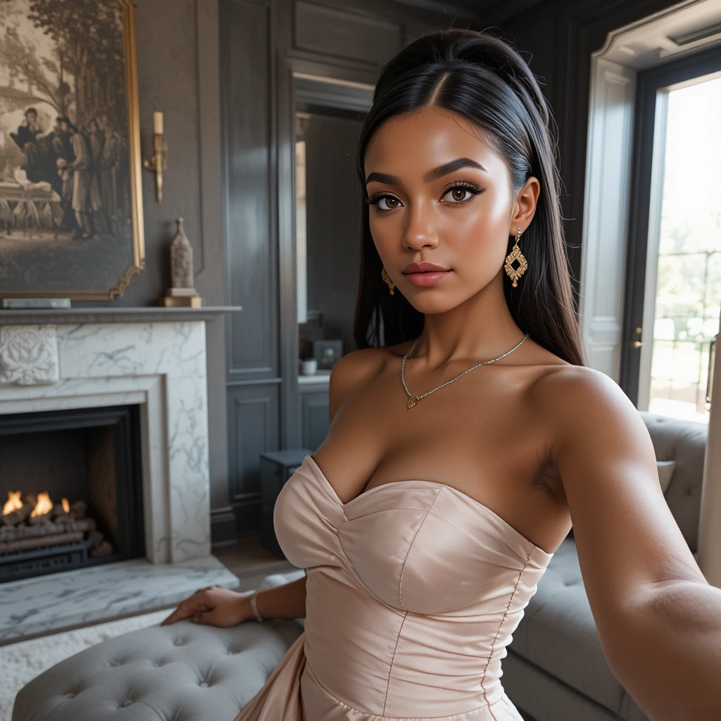 Selfie di una donna elegante in un salotto di lusso in penombra