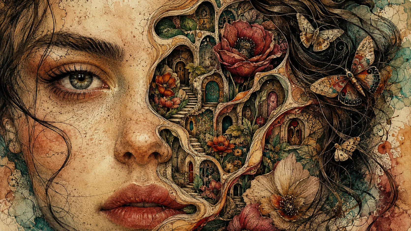 Close-up surreal de mulher que se abre para um jardim oculto
