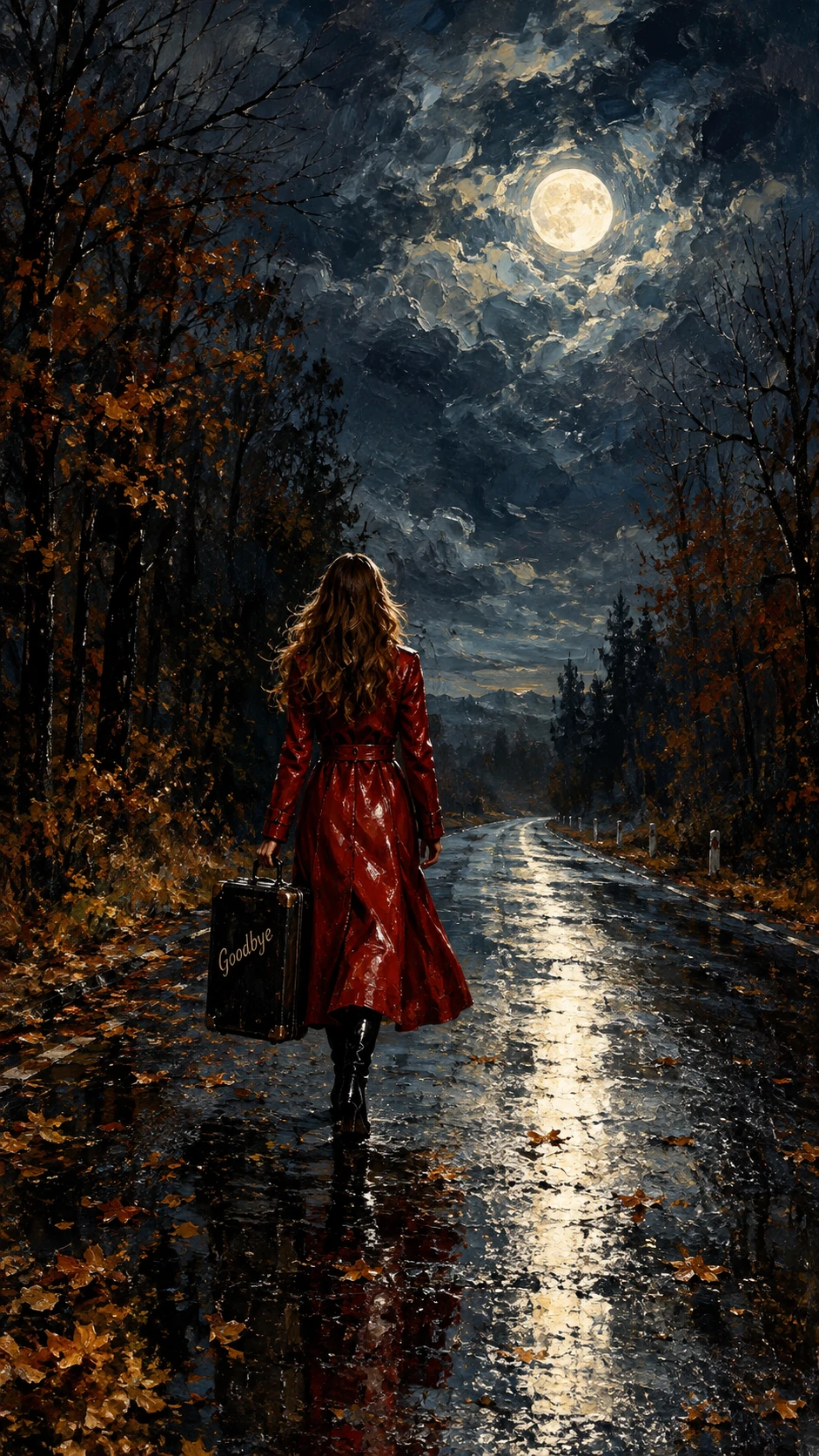 Mulher de casaco vermelho caminhando por uma estrada de floresta ao luar