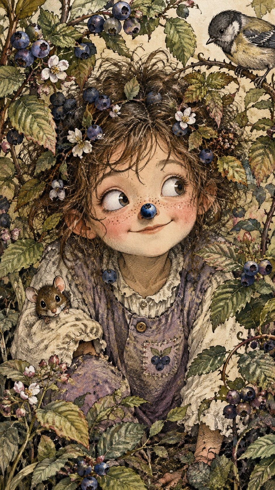 Menina curiosa da floresta com um mirtilo no nariz